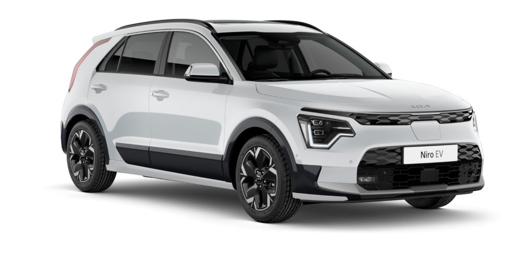 Kia Niro EV Snow white pearl schuin voorkant model foto witte achtergrond